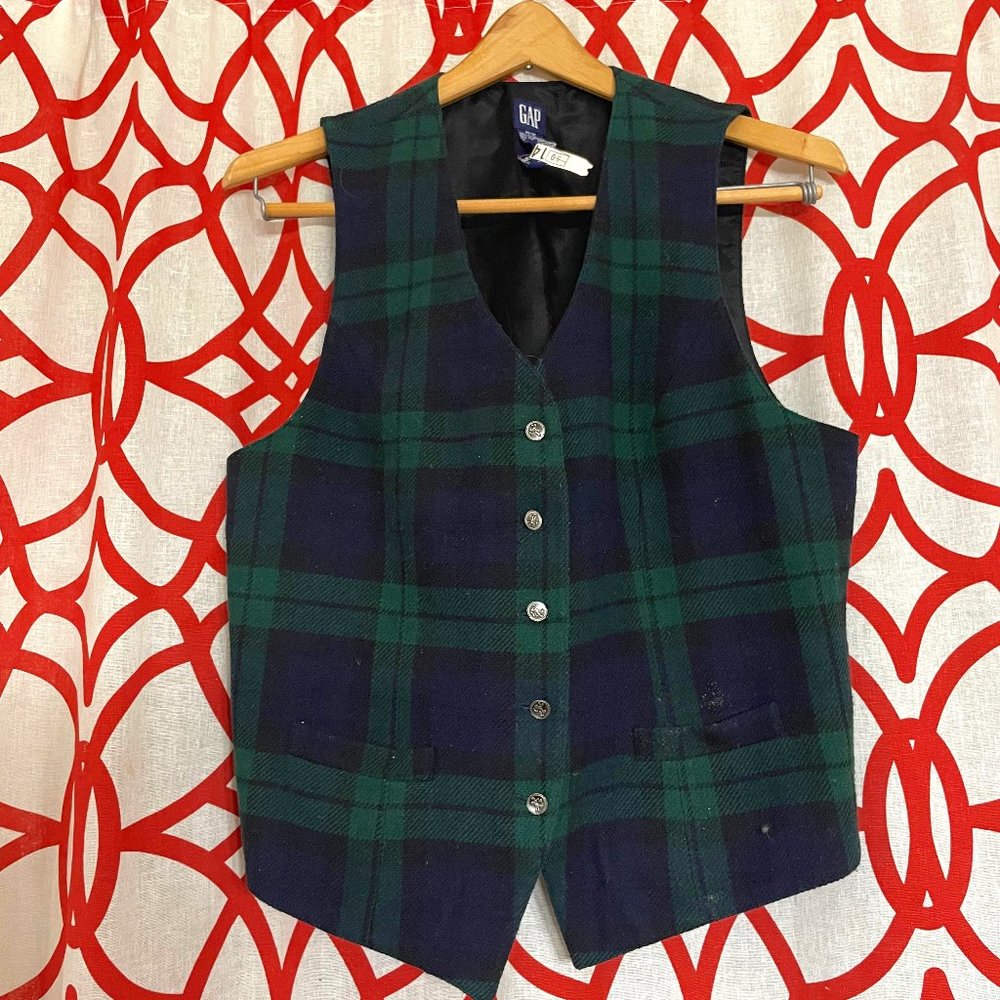 Green Plaid Wool Vest with Pockets and Gold Accent Buttons